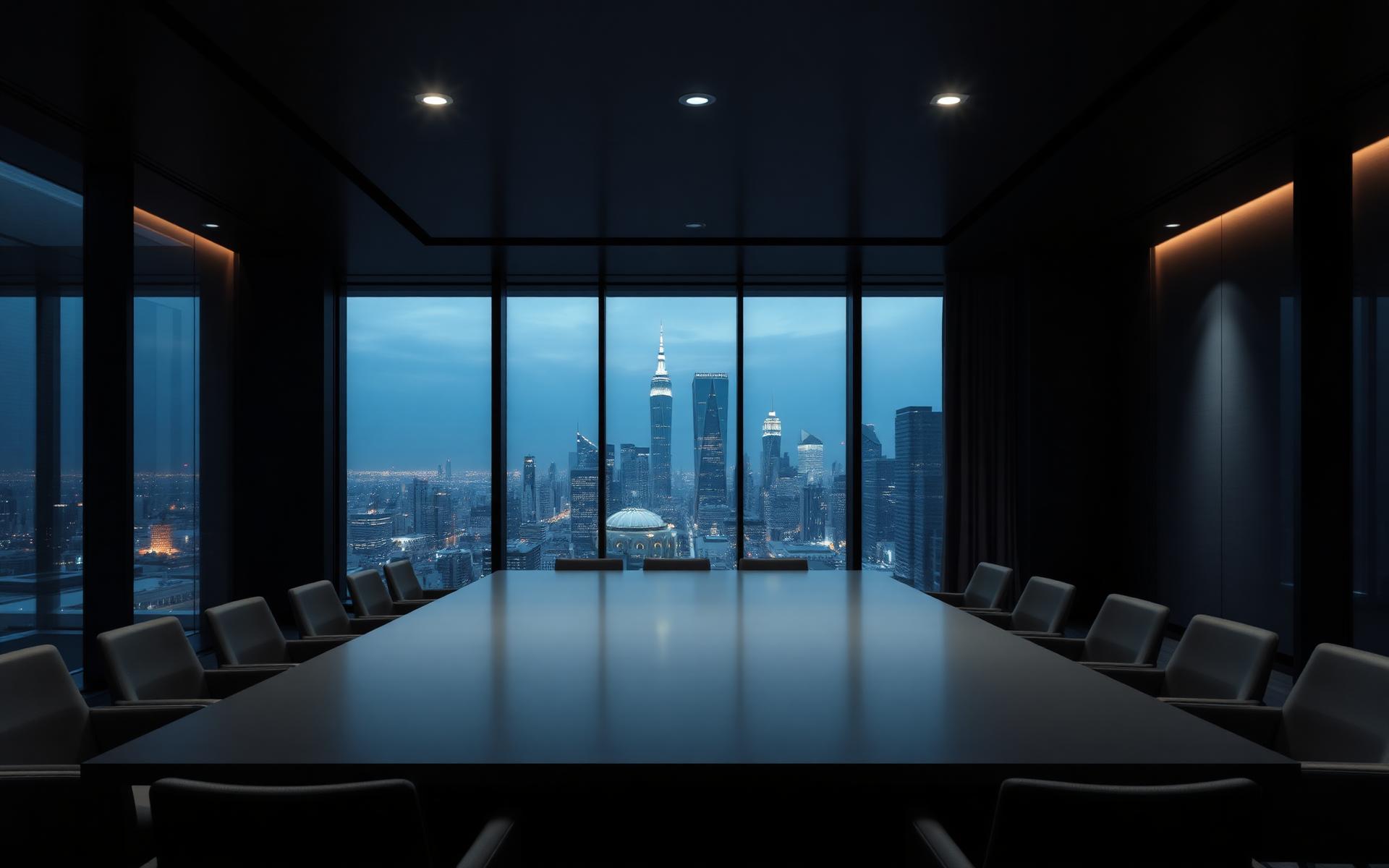 Executive boardroom overlooking a city skyline at dusk